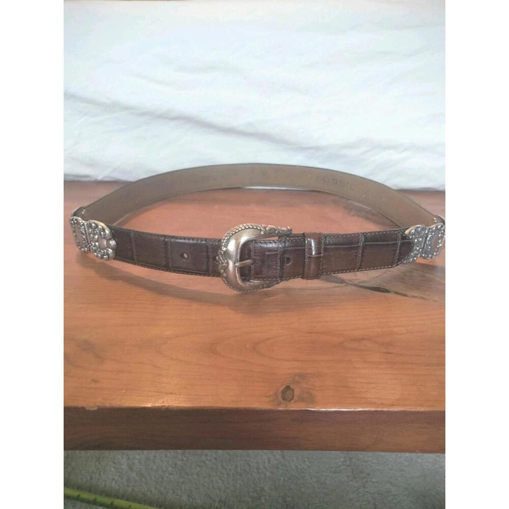 Vintage Fossil Women’s Brown Croc-Embossed Leather Western Belt L Ornate Boho